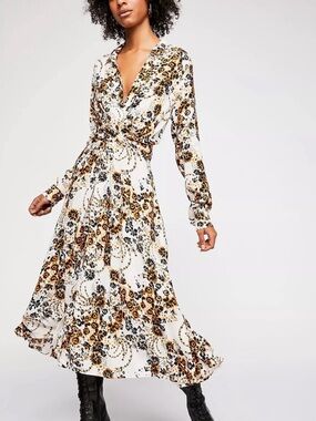 Free People Tough Love Shirt Dress Long Sleeve Floral Pockets Neutral